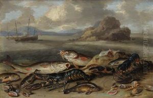 Lobsters, Red Mullet, Halibut,
Flounder And Other Fish, With Sea Shells On A Beach, Shipping Beyond by Jan van Kessel
