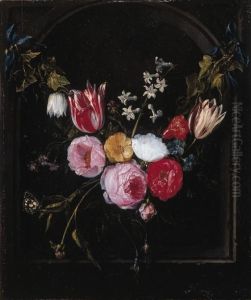 A Swag Of Roses, Tulips, An
Anemone And Other Flowers With Abutterfly At A Feigned Stone Niche A Swag Of Roses, Tulips, An
Anemone And Other Flowers With Abutterfly At A Feigned Stone Niche