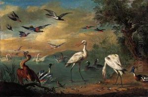 Two Spoonbills, A Heron, Swans,
Moorhens, Bullfinches, Kingfishers,a Swallow And Other Birds In A
Coastal Landscape; And Parrots, Aheron, Kingfishers And Other Birds In
An Extensive Landscape by Jan van Kessel
