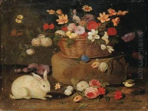 Roses, Dahlias, Paeonies, Tulips
And Other Flowers In A Basket On Astone Seat, With A White Rabbit, A
Great Tit And A Butterfly by Jan van Kessel