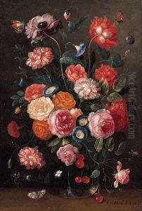 Roses, Carnations, Morning 
Glory, A Poppy And A Sprig Of Cherriesin A Glass Vase, A Wall Brown, An 
Orange Tip, A Red Admiral And Amagpie Butterfly On A Table