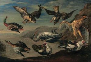 Birds Of Prey Attacking Herons And Ducks By A Pond by Jan van Kessel