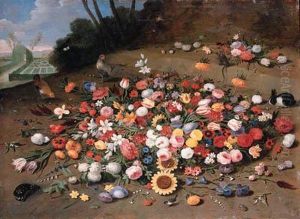 Parrot Tulips, Roses, 
Sunflowers, Lilies, Dahlias, Poppies,cornflowers, Narcissi, Daffodils, 
Irises And Other Flowers, Withchickens, A Tortoise, A Rabbit, A Monkey, A
 Great Tit, A Jay,butterflies, And Two Frogs On A Hillside, An 
Ornamental Gardenb