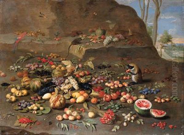 Apples, Peaches, Oranges,
Melons, Pomegranates, Plums, Cherries,figs, Grapes, Pears, A Water Melon
And Other Fruit On A Hillsidewith Monkeys, A Parrot And A Jay, A Villa
And A Formal Gardenbeyond - view 1