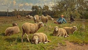 A Shepherd And His Dog Guarding A Flock Ofsheep