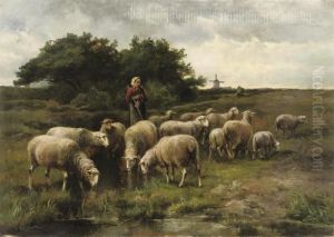 Sheep Near A Stream by Cornelis van Leemputten