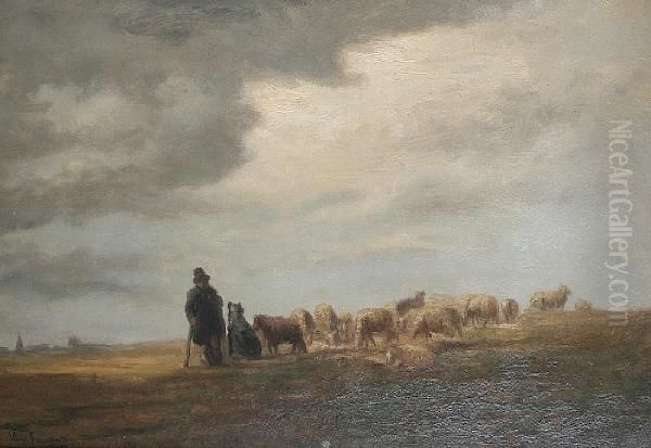 A Shepherd And His Flock In An Openlandscape - view 1