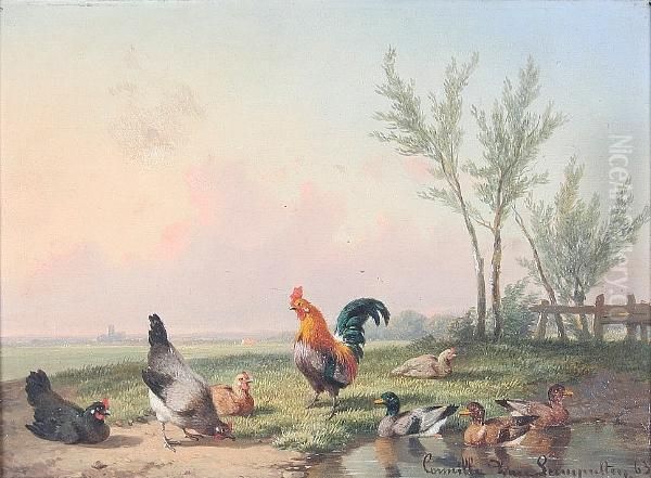 Cockerel And Chickens In A Landscape - view 1