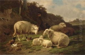 A Shepherd With Sheep In A Summer Landscape by Cornelis van Leemputten
