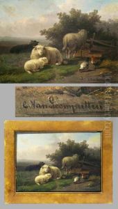 "schafe Und Huhner" Vor Einem Zaun In Weiter Landschaft by Cornelis van Leemputten
