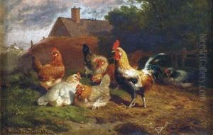 A Rooster And Hens In A Barnyard by Cornelis van Leemputten