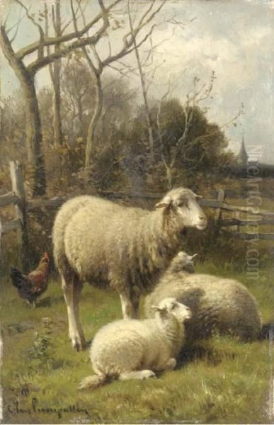 Sheep And A Hen In A Barnyard - view 1