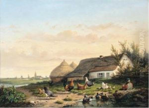 Farmyard With Chicken And Ducks by Cornelis van Leemputten