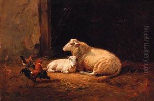 Sheep And Cockerels In A Farmyard by Cornelis van Leemputten