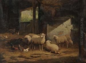 Stal Met Schapen En Kippen by Jef Louis Van Leemputten