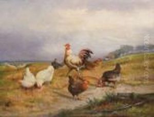 Haan En Kippen In Landschap by Jef Louis Van Leemputten