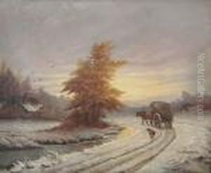 Winterlandschap Met Paard Met Huifkar En Hond In Bocht by Jef Louis Van Leemputten
