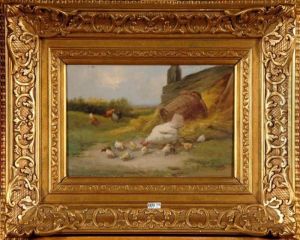 Poule Et Ses Poussins by Jef Louis Van Leemputten