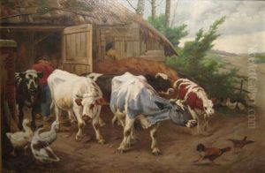 Koeien Komen Buiten Uit De Stal by Jef Louis Van Leemputten