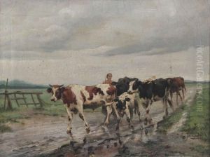 Boerin Met Koeien Op De Terugweg Na De Regen by Jef Louis Van Leemputten