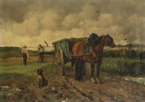 Rustende Boeren Met Paard by Jef Louis Van Leemputten