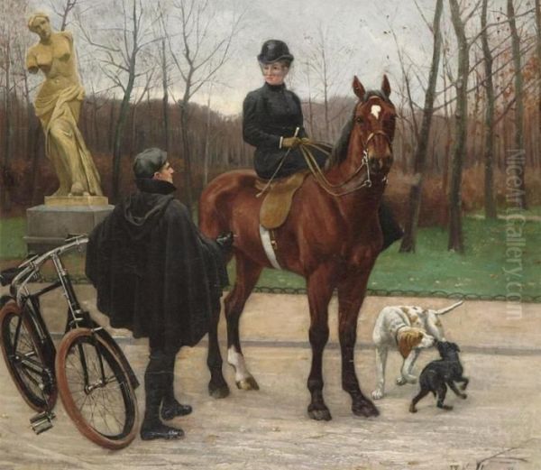 Romantic Scene In The Park With Lady On A Horse, Young Man And Two Dogs - view 1
