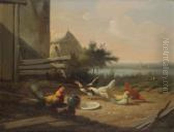 Yard With Chickens, Haystack And City Across The Stream - view 1