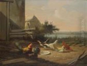 Yard With Chickens, Haystack And City Across The Stream by Jef Louis Van Leemputten