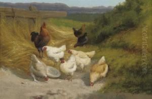 Poultry In The Farmyard by Jef Louis Van Leemputten