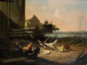 Poules Dans La Cour De Ferme by Jef Louis Van Leemputten