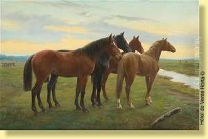 Chevaux Au Coucher Du Soleil by Jef Louis Van Leemputten