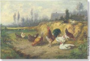 Cock Withchickens by Jef Louis Van Leemputten