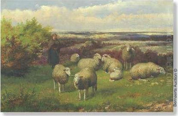 Shepherdesswith Sheep On The Meadow. Canvas. Signed 'j.l.vanleemputten' - view 1