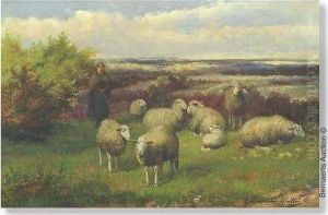 Shepherdesswith Sheep On The Meadow. Canvas. Signed 'j.l.vanleemputten' by Jef Louis Van Leemputten