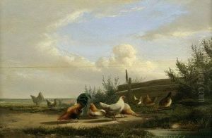Hahn Und Huhner In Idyllischer Wiesenlandschaft by Jef Louis Van Leemputten