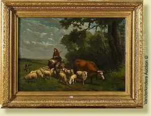 Bergere Et Son Troupeau by Jef Louis Van Leemputten