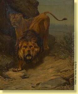 Lion Et Lionne A L'affut by Jef Louis Van Leemputten