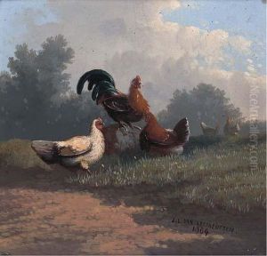 Chickens In A Pastoral Landscape by Jef Louis Van Leemputten