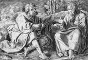 Die Hll. Petrus Und Paulus In Einer Landschaft by Lucas Van Leyden