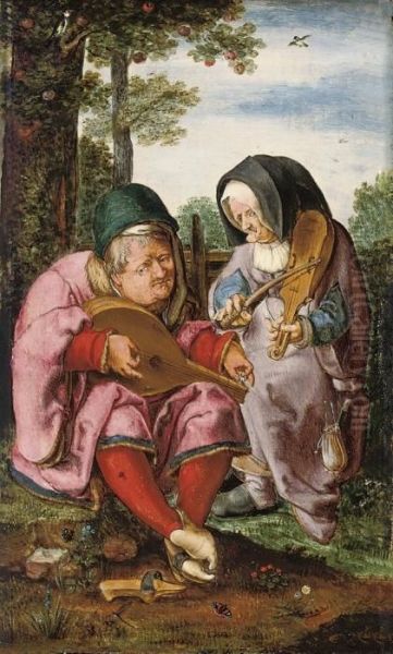 An Old Man And Woman Making Music, In A Landscape - view 1