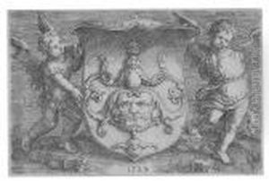 Wappen Mit Einer Maske, Gehalten Von Zwei Genien. Wappen Mit Einer Maske, Gehalten Von Zwei Genien.