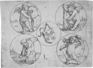 Das Wappen Der Stadt Leyden, Umgeben Von Vier Genien. by Lucas Van Leyden