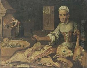 A Kitchen Still Life With A Maid
 Chopping Meat, A Duck, Meat And Chickens In A Basket All On A Table