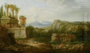 Southern Landscapes With Temple Ruins, 
Figures And Animals