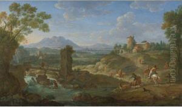 Elegant Hunting Party In An Extensive Landscape With Mountainsbeyond - view 1