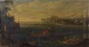 Putti Sur Un Bateau Au Bord Du Rivage Et Putti Allant Nager