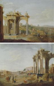 An Extensive Landscape With
Women In The Ruins Of A Classical Building And Travellers On A Track;
And A Landscape With Travellers And Other Figures By The Ruins Of A
Classical Building by Hendrik Frans van Lint (Studio Lo)