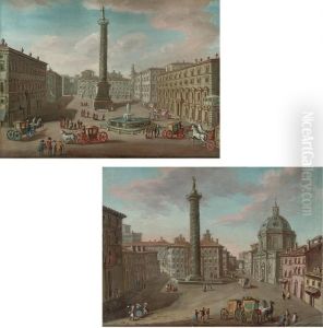 A View Of The Piazza Colonna, 
Rome, With The Column Antoninus; And A View Of The Piazza Colonna, Rome,
 With Trajan's Column And Santa Maria Di Loreto