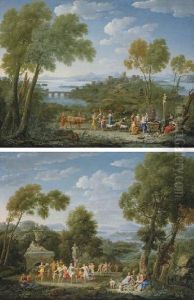 An Extensive Italianate 
Landscape With A Sacrifice Before A Term Of Pan; And An Extensive 
Italianate Landscape With A Bacchic Revel by Hendrik Frans van Lint (Studio Lo)