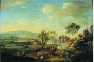 Paysage Montagneux Avec Des Ruines, Anime De Personnages
